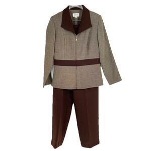Studio I Womens 12 Pants Suit Two Toned Brown Full Zip Jacket With Pant Business